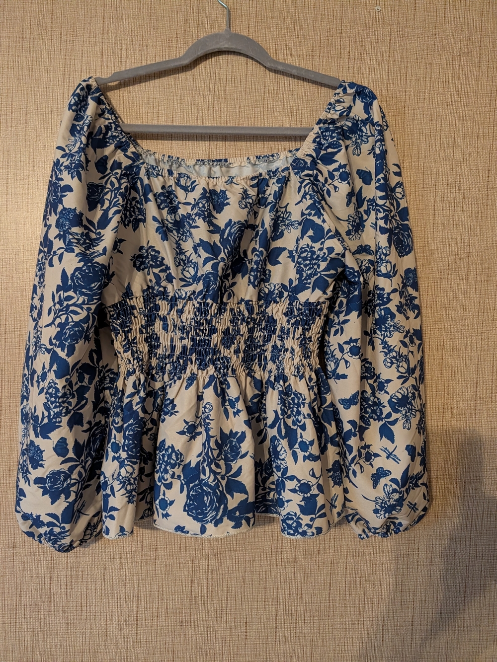 Smocked-Waist Floral Peasant Blouse in Blue and Cream